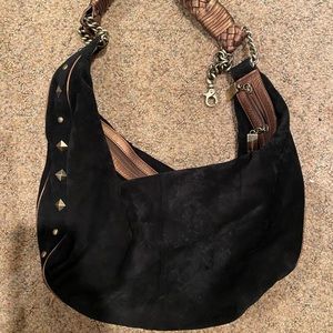 Donald J. Pliner Black Suede Handbag with a Bronze handle! Like new!